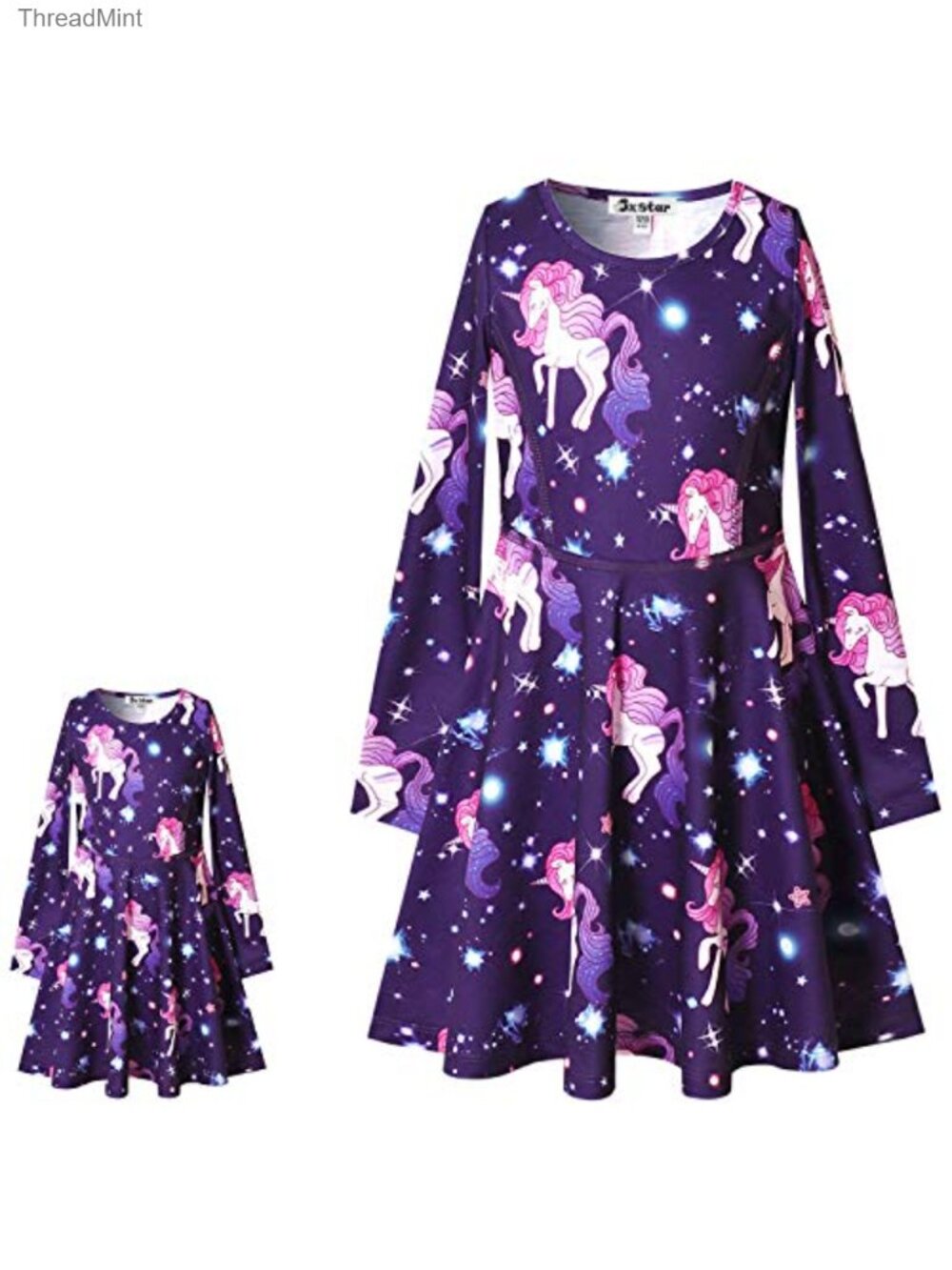 Girls & Doll Matching Unicorn Dresses Long Sleeve Cotton Spandex Crew Neck